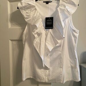 Boston Proper white sleeveless zip front ruffle collar blouse